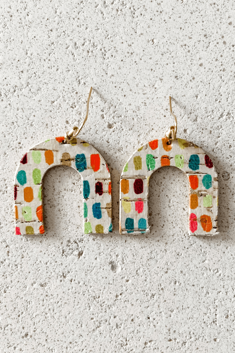 Feather Leather Rainbow Confetti Cork Earrings - Strawberry Moon Boutique