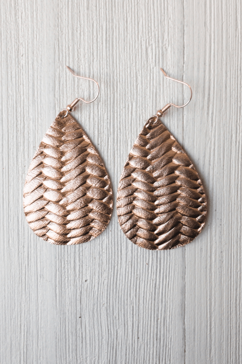Feather Leather Rose Gold Braided Leather Earrings - Strawberry Moon Boutique