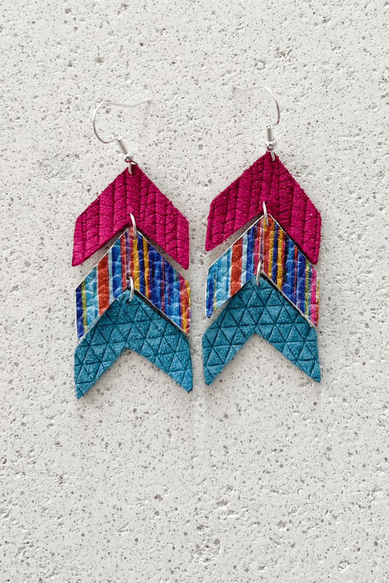 Feather Leather Teal & Rainbow Arrow Earrings - Strawberry Moon Boutique