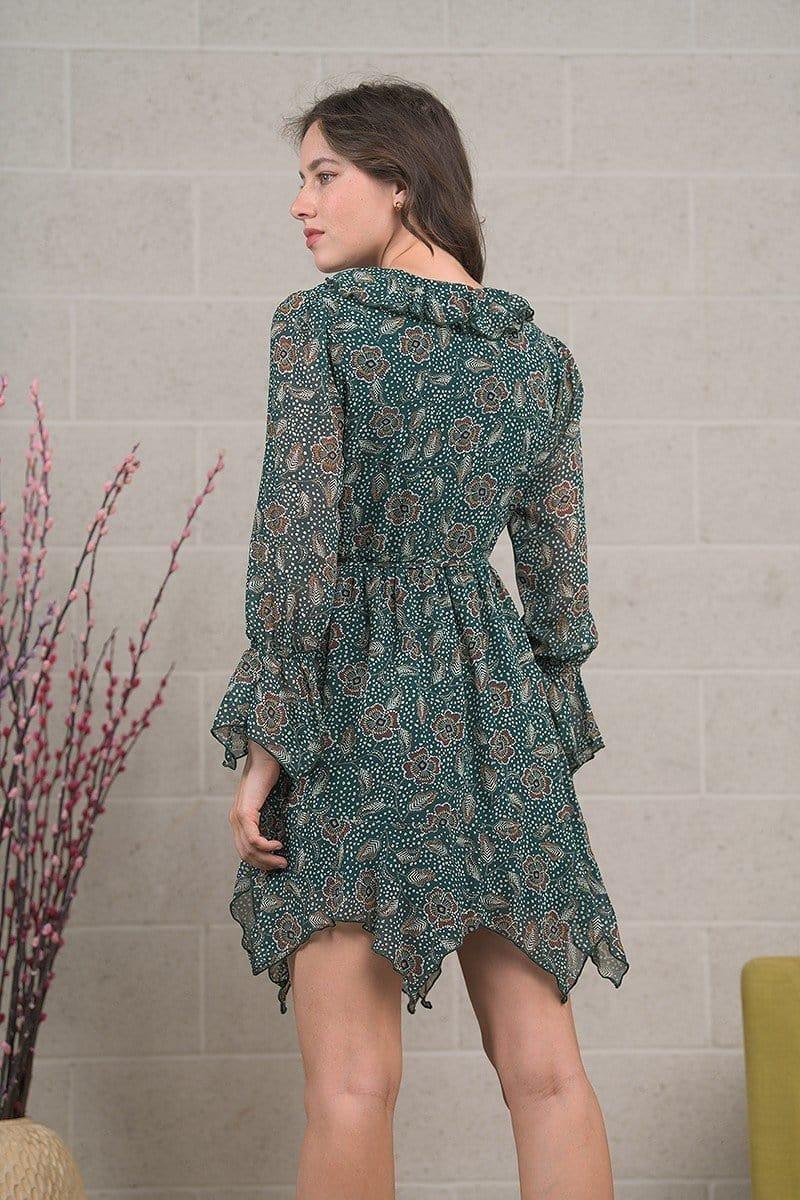 Green Floral Dress with Ruffle - Strawberry Moon Boutique