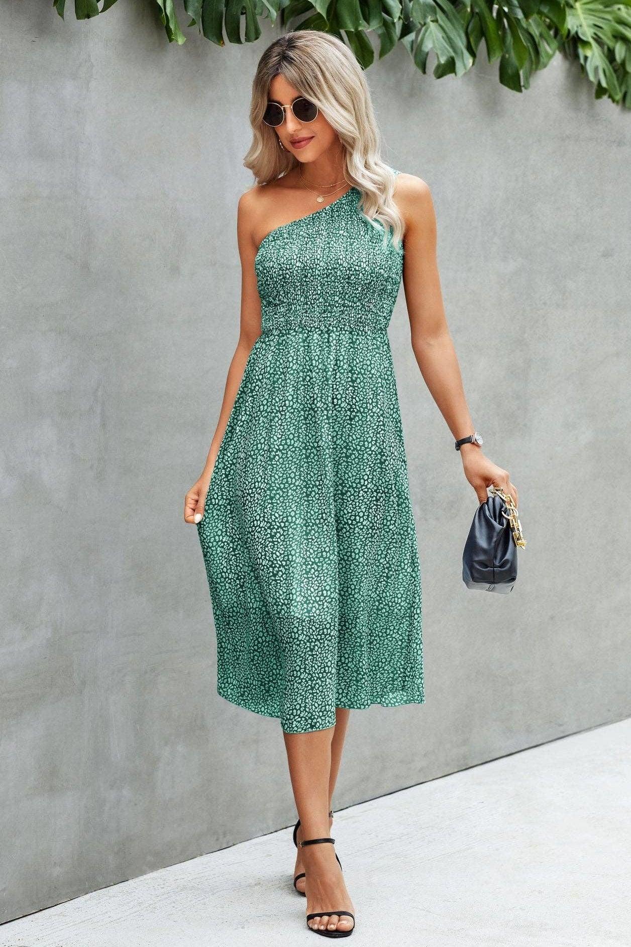 Green Smocked Leopard Print One Shoulder Midi Dress - Strawberry Moon Boutique