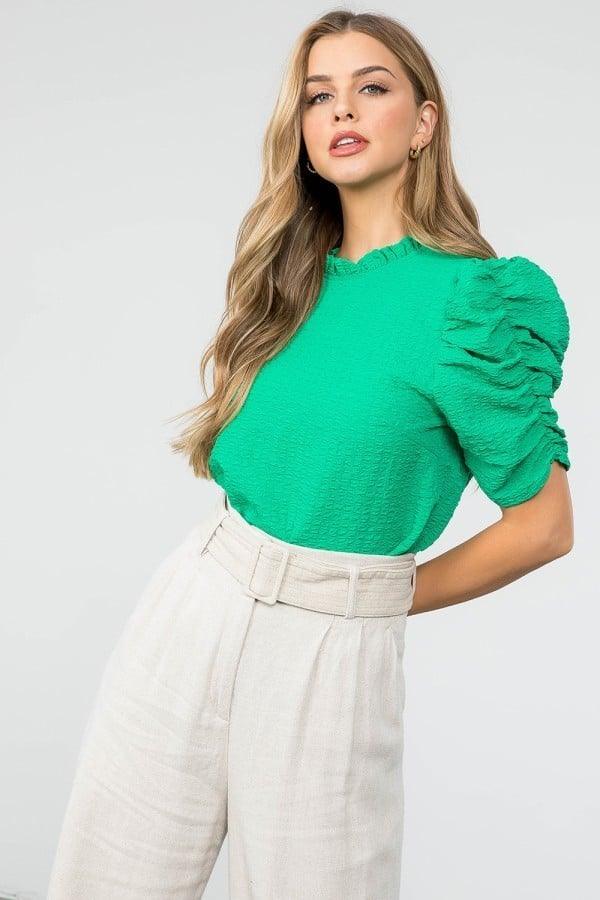 Green THML Ruched Sleeve Textured Top - Strawberry Moon Boutique