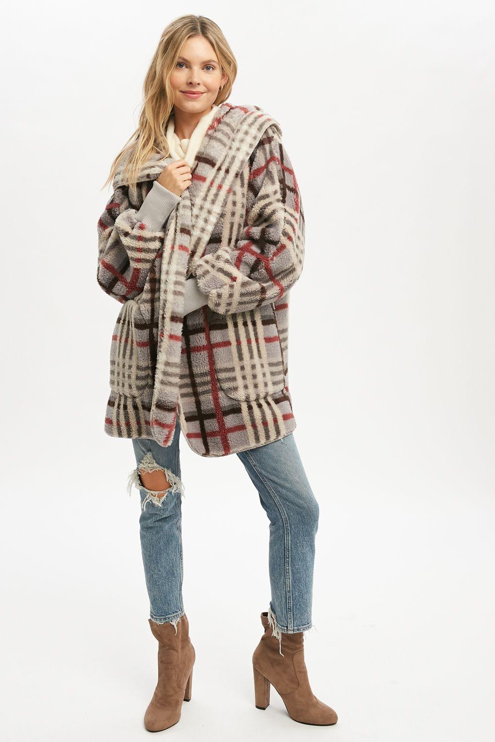 Grey Checkered Oversized Fur Hoodie/Sherpa - Strawberry Moon Boutique