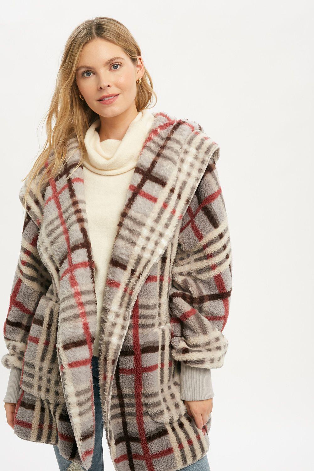 Grey Checkered Oversized Fur Hoodie/Sherpa - Strawberry Moon Boutique