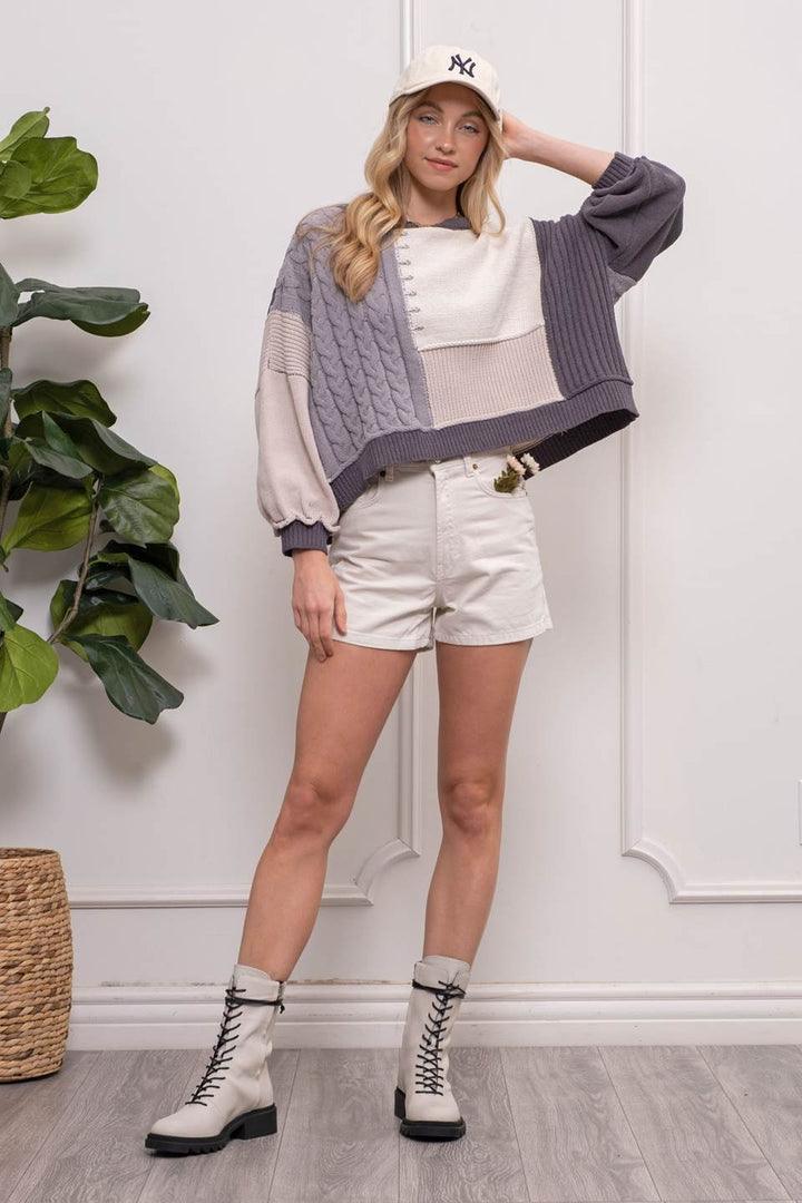 Grey Colorblock Back Tie Sweater - Strawberry Moon Boutique