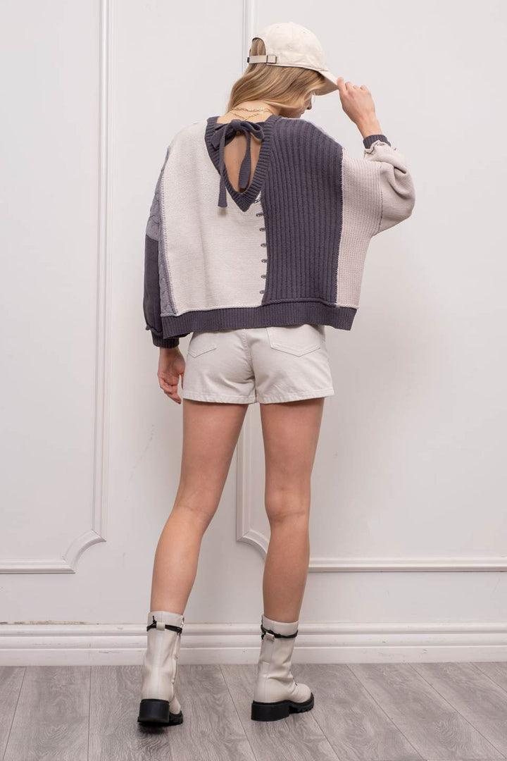 Grey Colorblock Back Tie Sweater - Strawberry Moon Boutique
