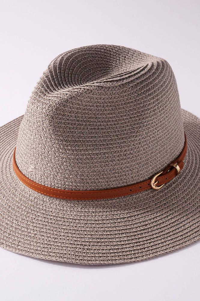 Grey Panama Leather Strap Summer Hat - Strawberry Moon Boutique