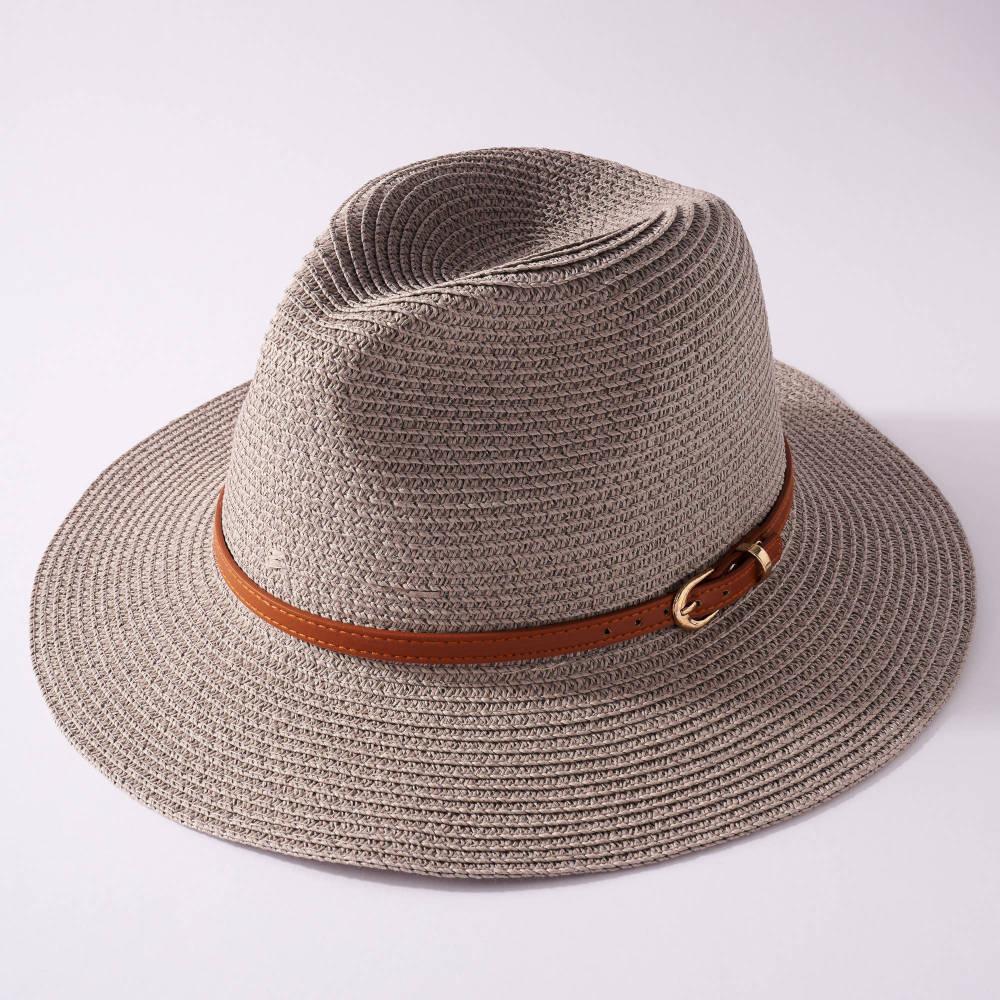 Grey Panama Leather Strap Summer Hat - Strawberry Moon Boutique