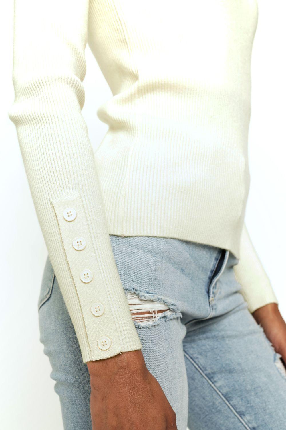 Ivory Button Sleeve Mock Neck Sweater - Strawberry Moon Boutique