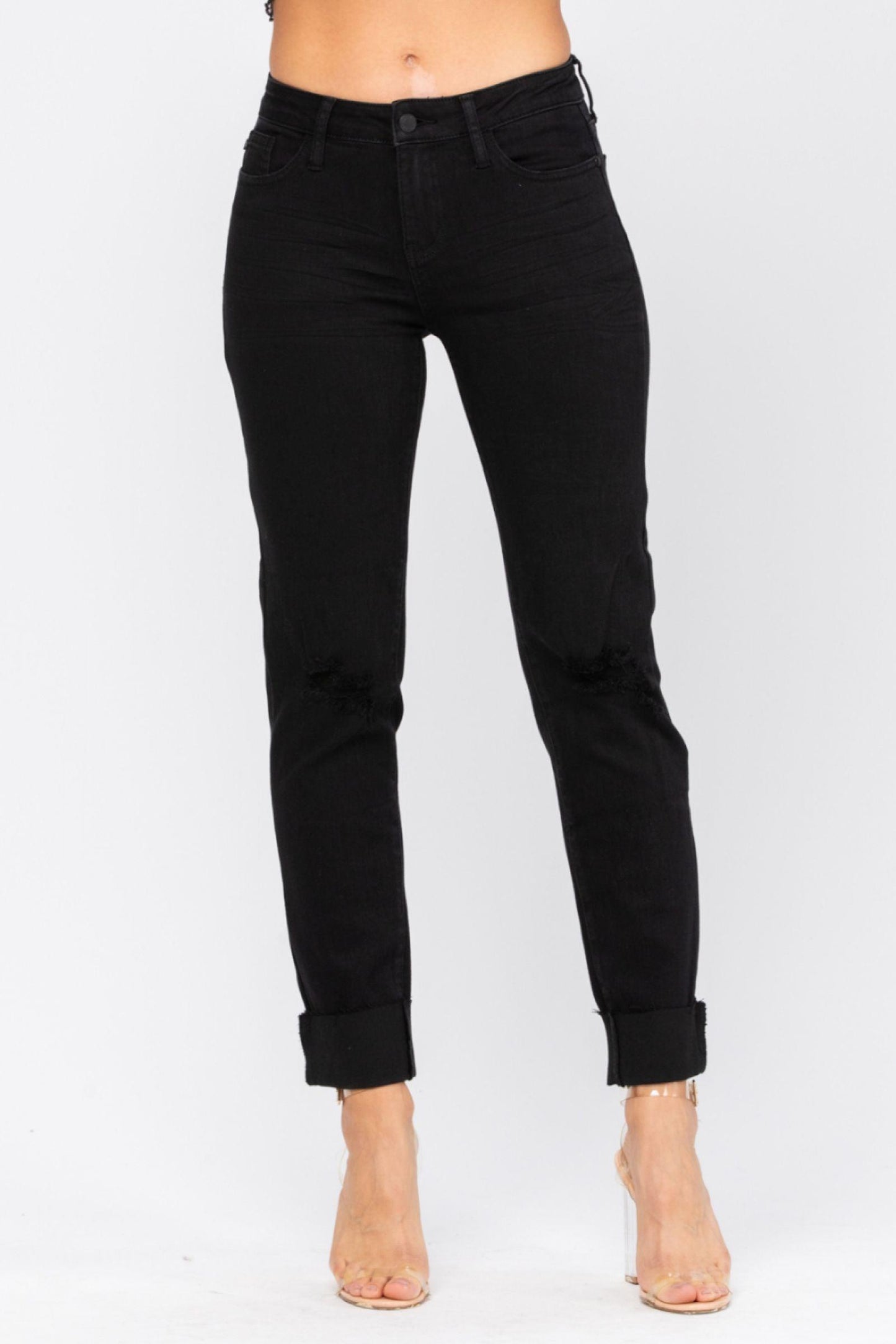 Judy Blue Black Mid-Rise Destroyed Slim Straight Jeans - Strawberry Moon Boutique