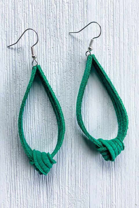 Kelly Green Feather Leather Knot Earrings - Strawberry Moon Boutique