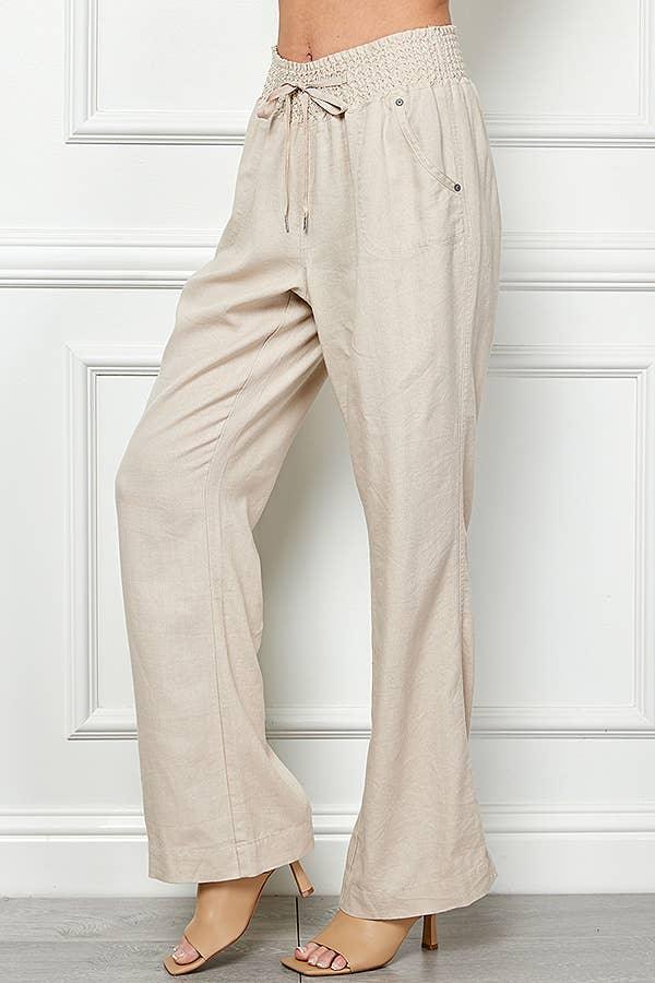 Khaki Wide-cut Pull-on Linen Blend Pants - Strawberry Moon Boutique