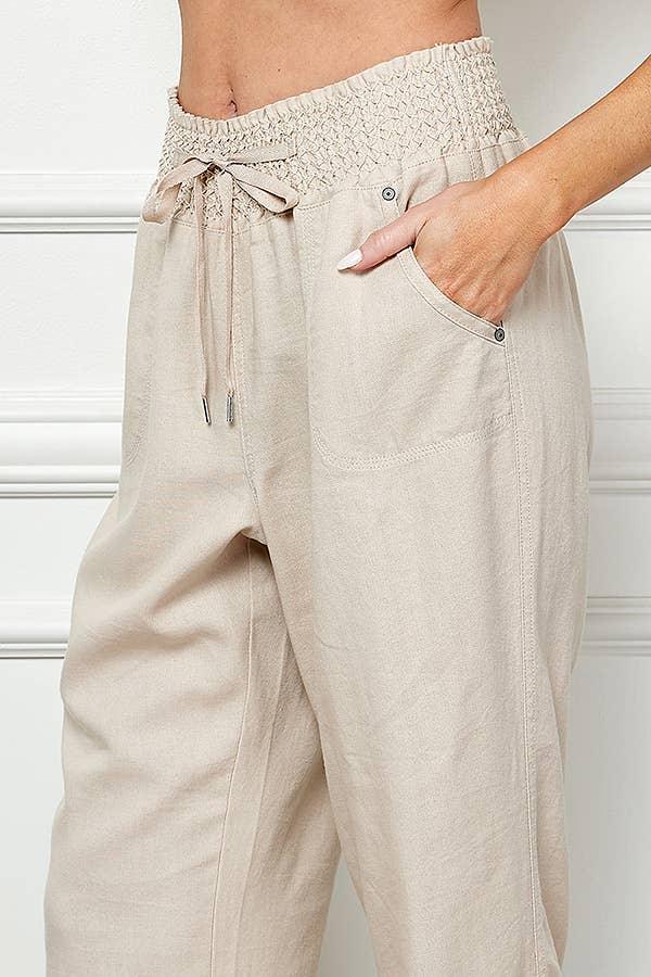 Khaki Wide-cut Pull-on Linen Blend Pants - Strawberry Moon Boutique
