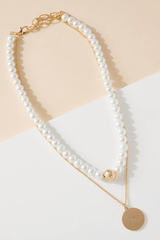 Layered Pearl Necklace with Gold Pendant - Strawberry Moon Boutique