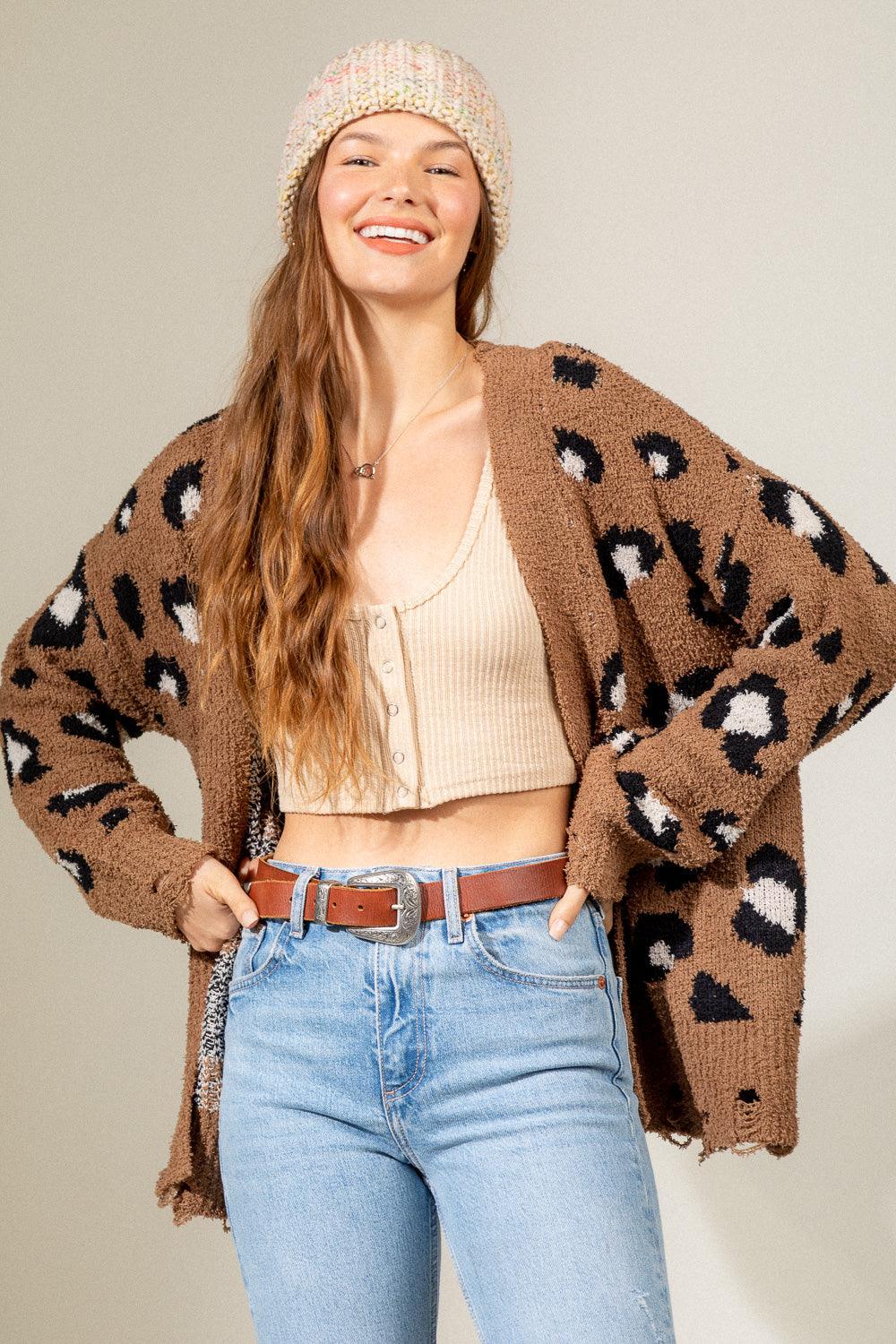 Leopard Print Cardigan with Destroyed Hem - Strawberry Moon Boutique