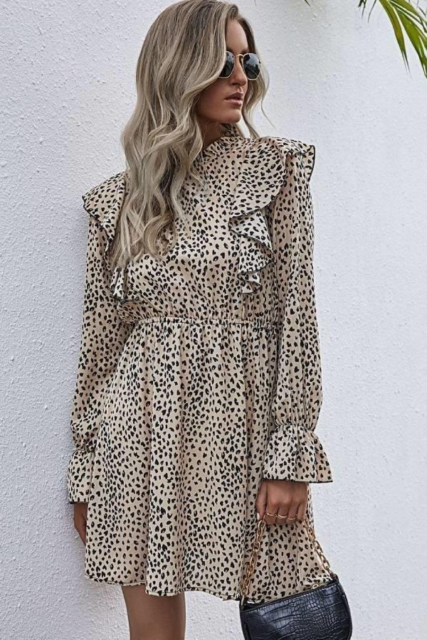 Light Brown Leopard Print Ruffled shoulder Dress - Strawberry Moon Boutique