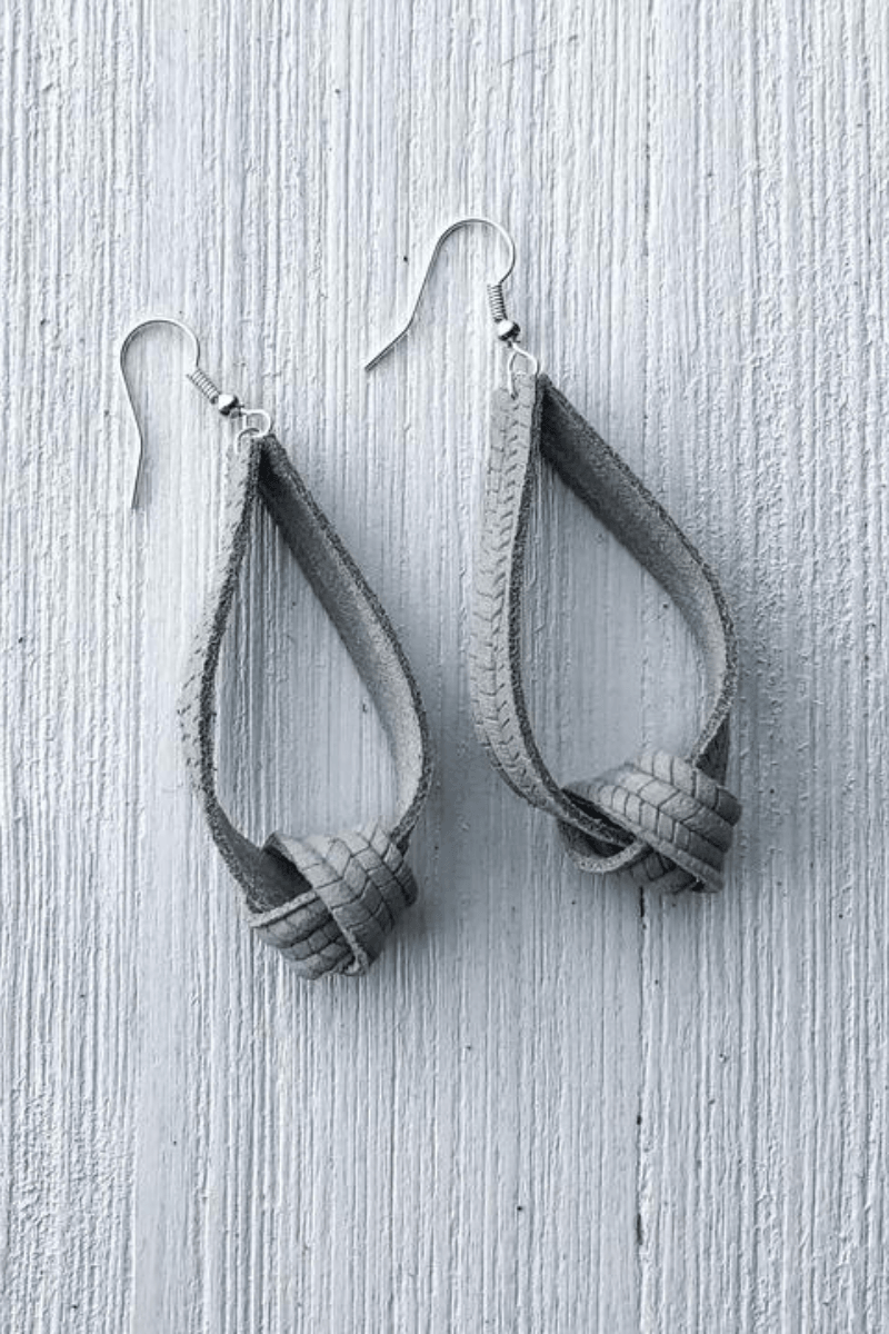Light Gray Feather Leather Knotted Leather Earrings - Strawberry Moon Boutique