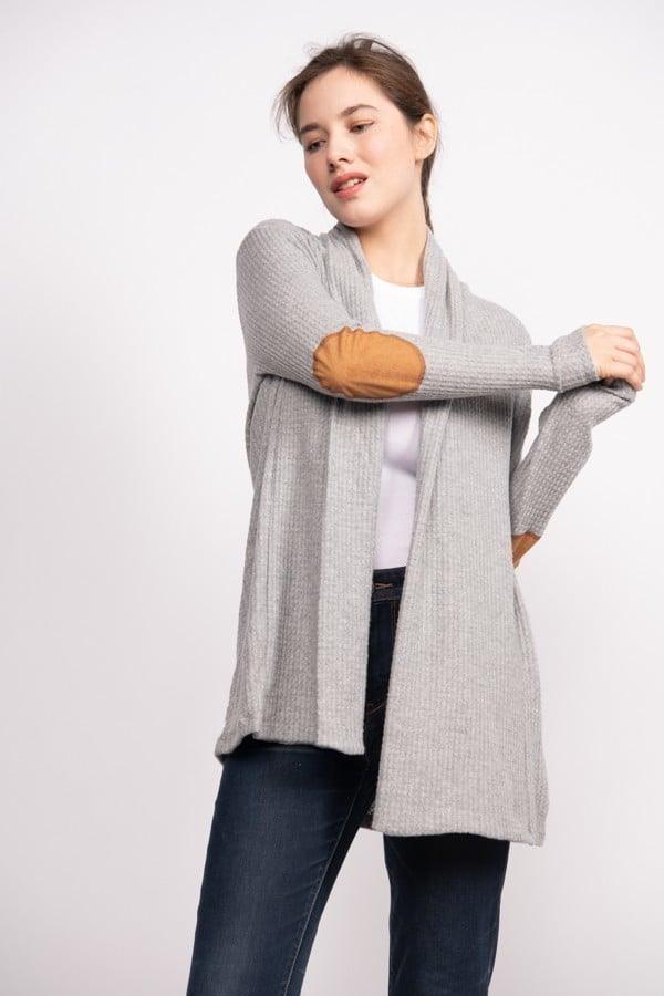 Light Grey Elbow Patch Cardigan - Strawberry Moon Boutique