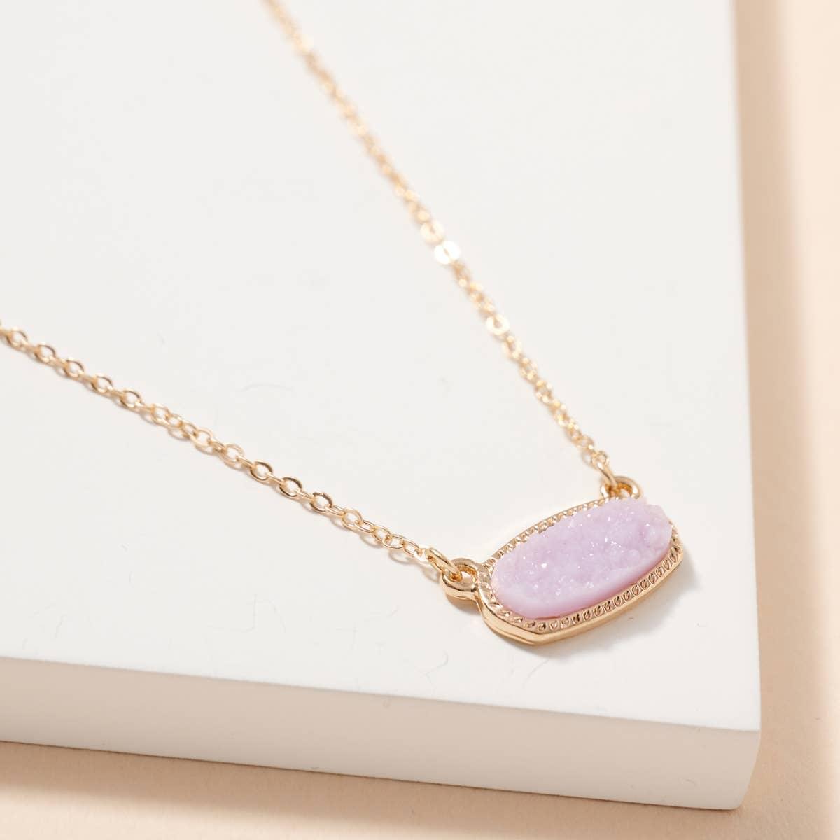 Lilac Oval Druzy Stone Charm Short Necklace - Strawberry Moon Boutique