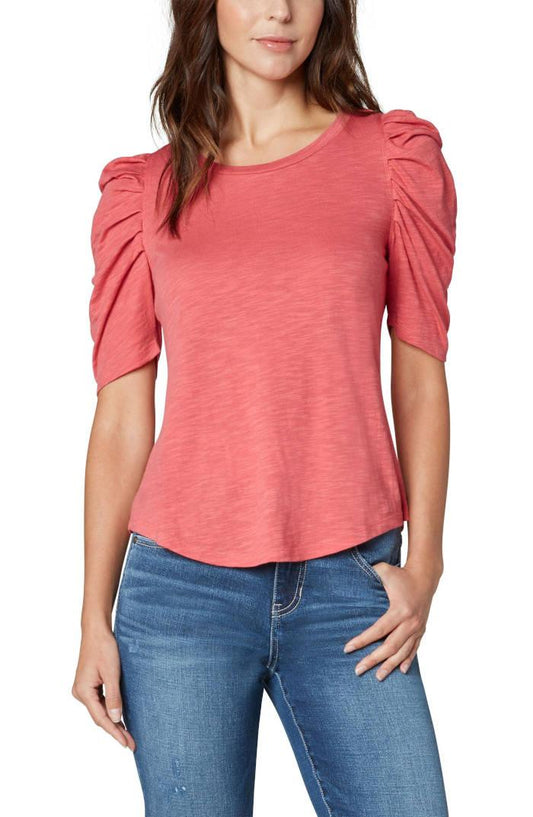 Liverpool Hot Coral Gathered Knit Top - Strawberry Moon Boutique