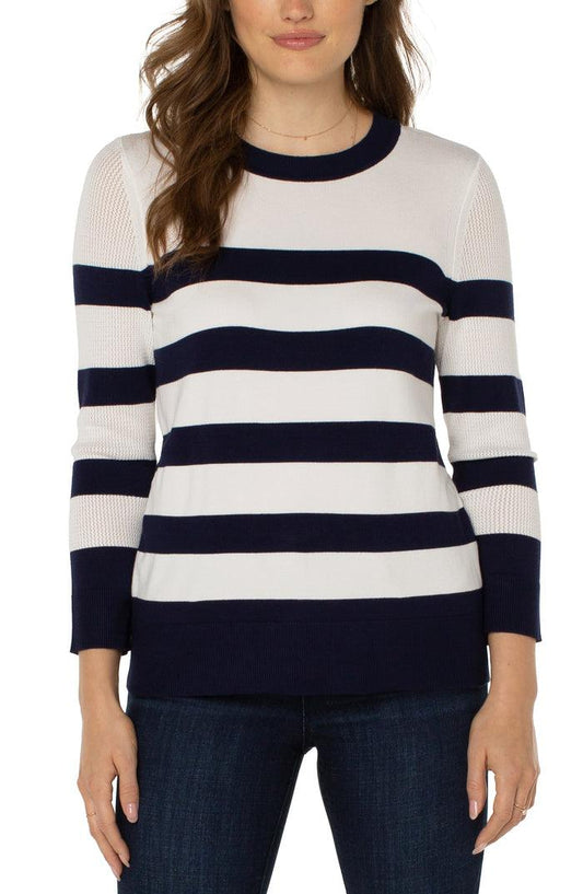 Liverpool Navy/White Open Back Crew Neck Sweater - Strawberry Moon Boutique