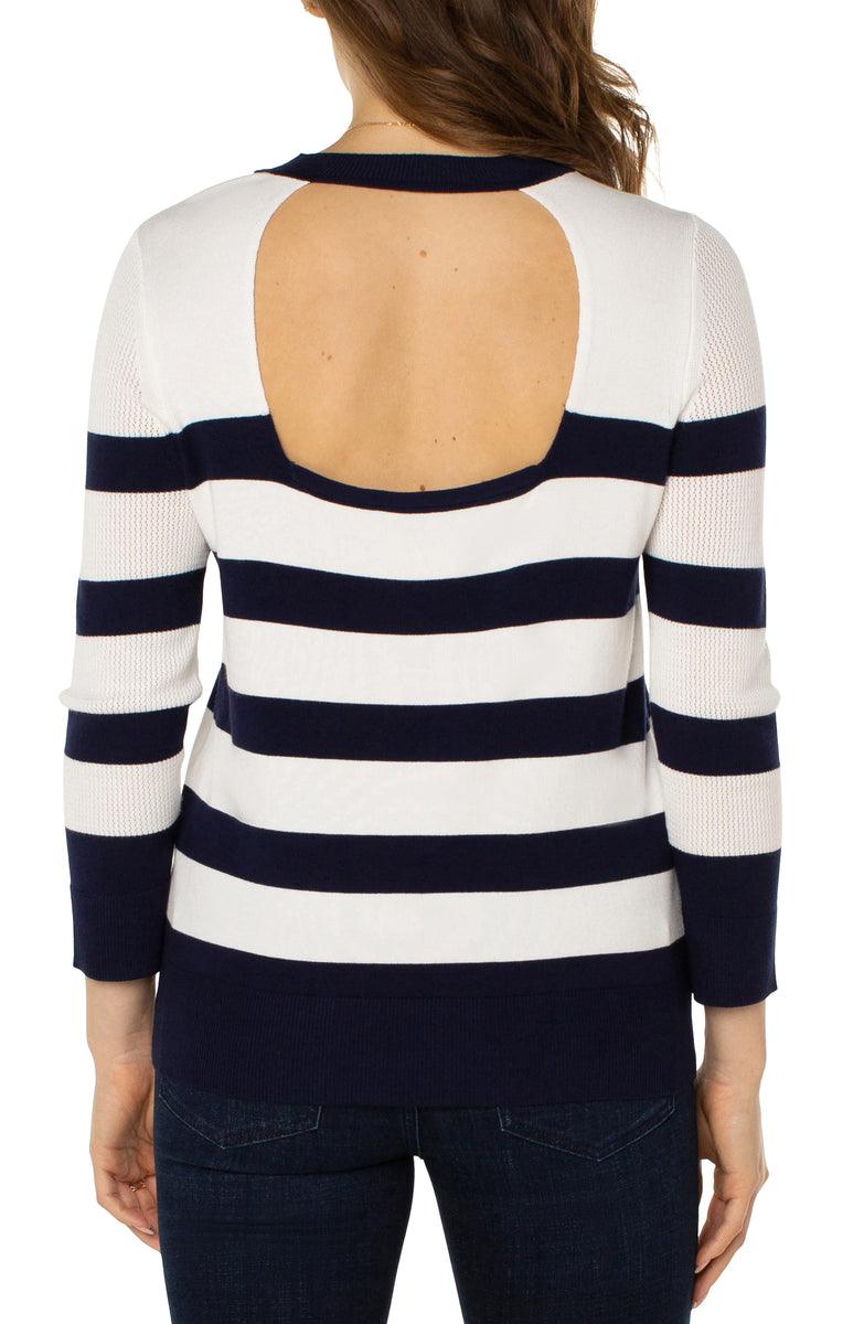 Liverpool Navy/White Open Back Crew Neck Sweater - Strawberry Moon Boutique