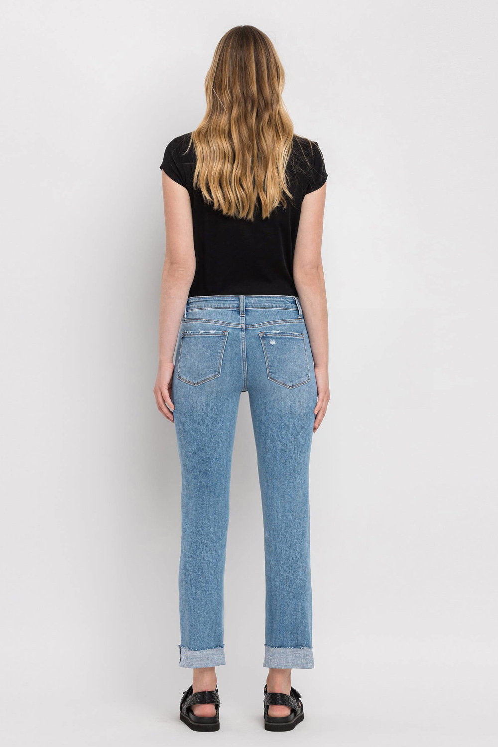 Mid Rise Cuffed Crop Slim Straight Jeans