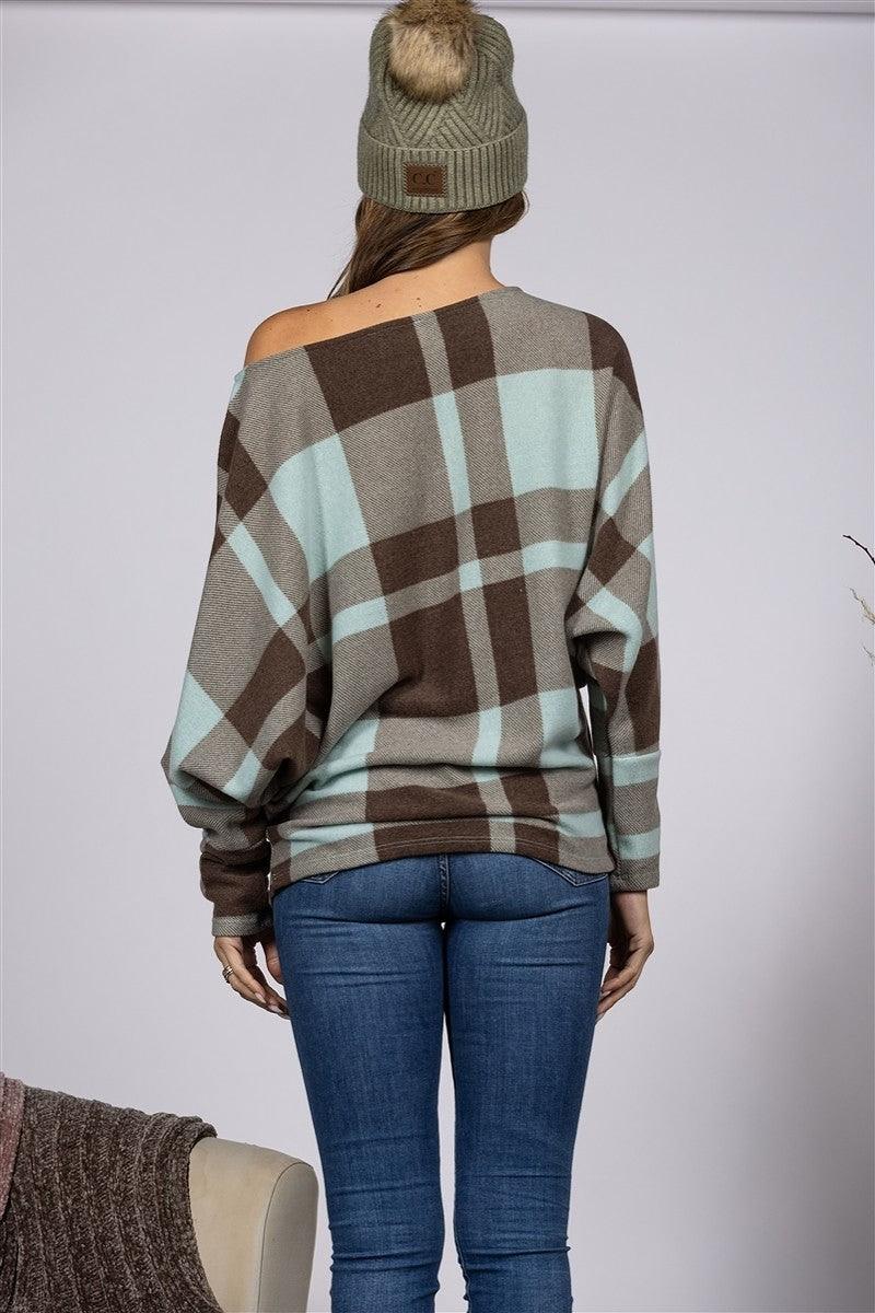 Mint Plaid Boatneck Knit Top - Strawberry Moon Boutique