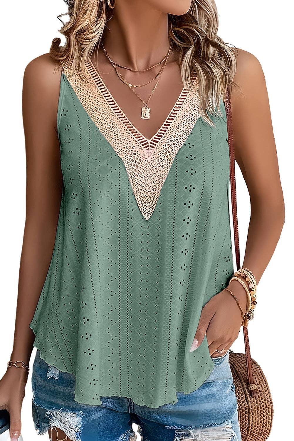 Mist Green Eyelet Lace Trim Tank - Strawberry Moon Boutique