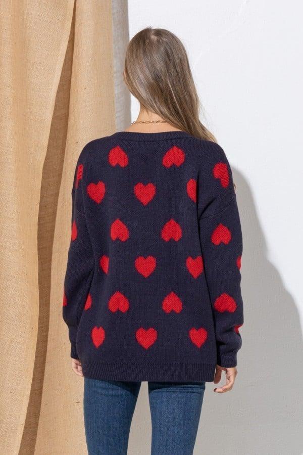 Navy Heart Print Round Neck Sweater - Strawberry Moon Boutique