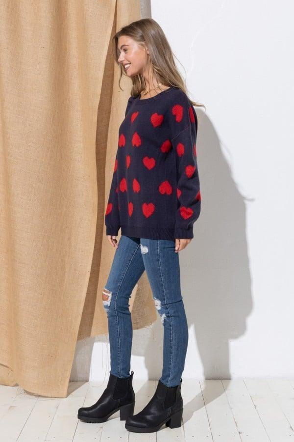Navy Heart Print Round Neck Sweater - Strawberry Moon Boutique