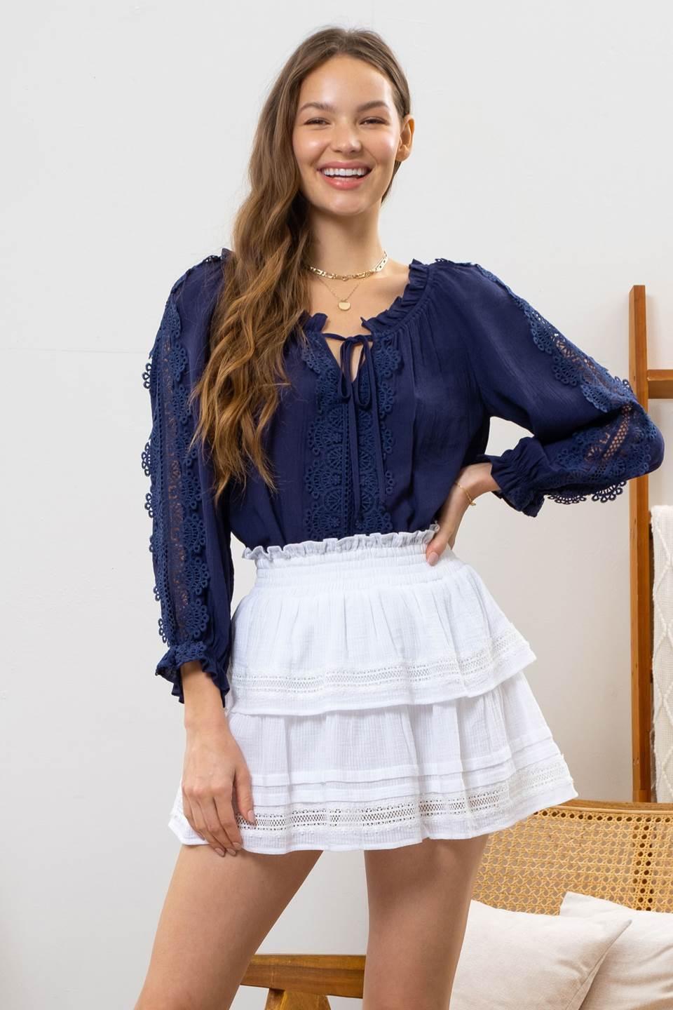 Navy Lace Sleeve Top - Strawberry Moon Boutique