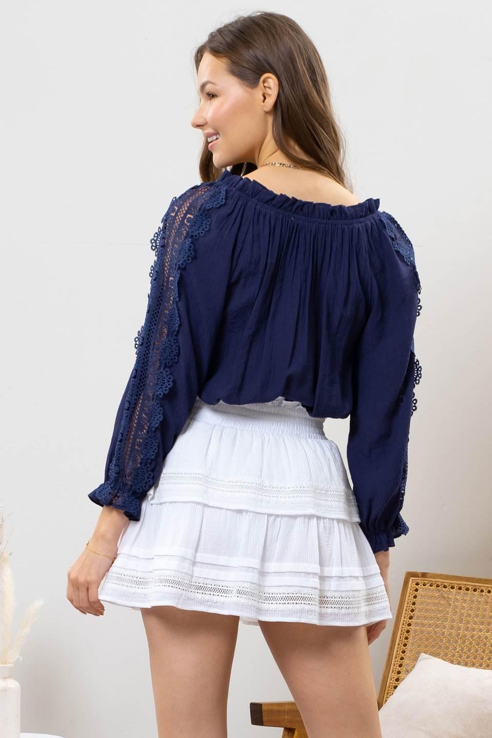 Navy Lace Sleeve Top - Strawberry Moon Boutique