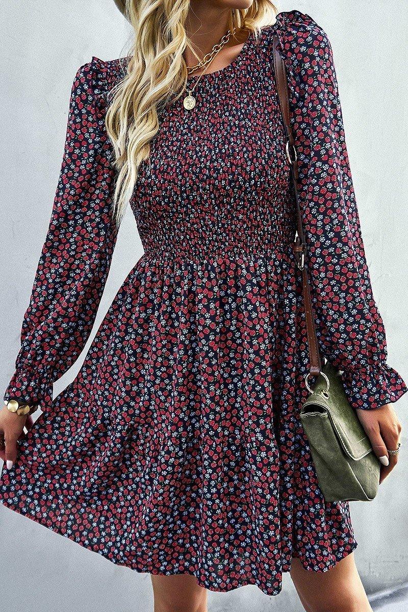 Navy Long-Sleeve Smocked Strawberry Pattern Dress - Strawberry Moon Boutique