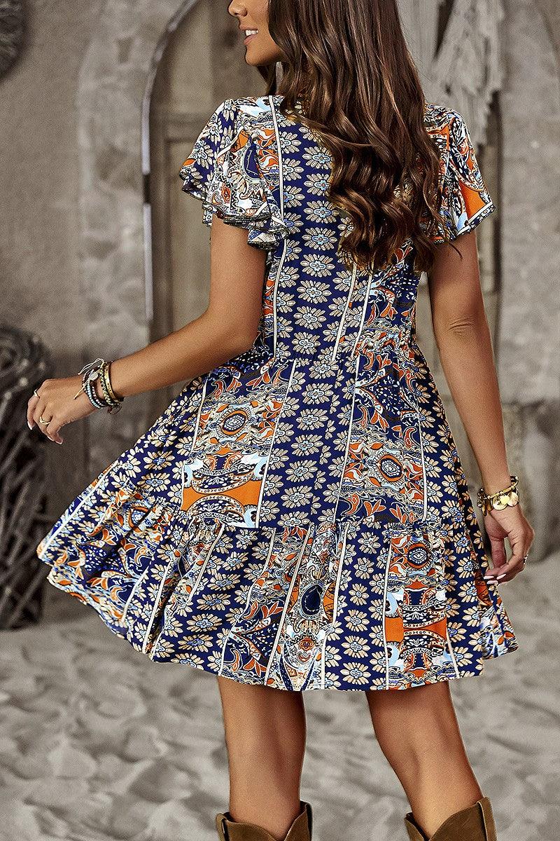 Navy Patterned Dress - Strawberry Moon Boutique