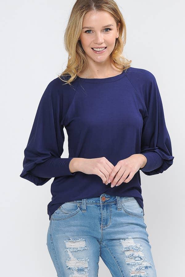 Navy Puff Sleeve Top - Strawberry Moon Boutique