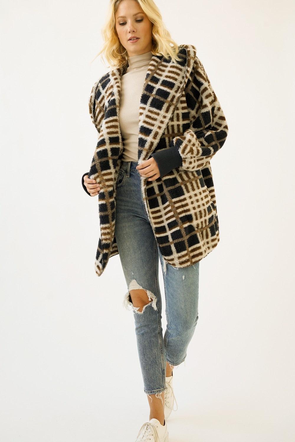 Navy/Plaid Fur Hoodie - Strawberry Moon Boutique