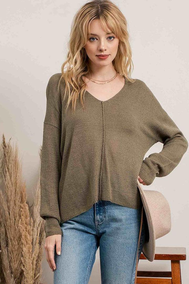 Olive Back Button Sweater - Strawberry Moon Boutique