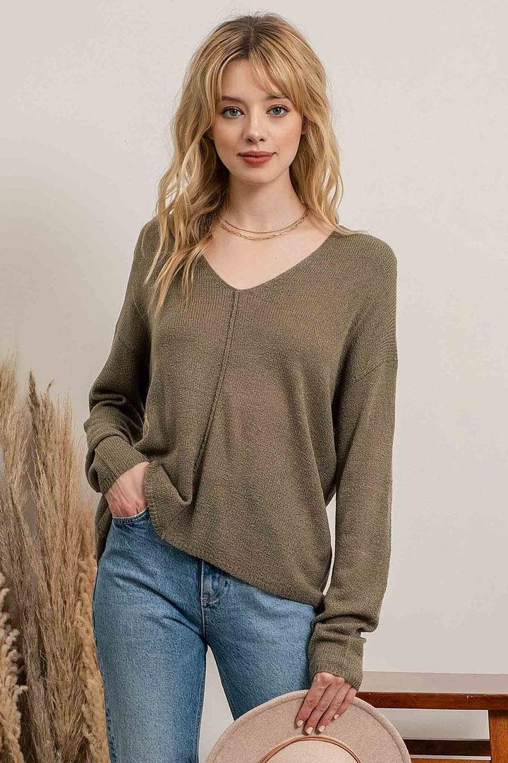 Olive Back Button Sweater - Strawberry Moon Boutique