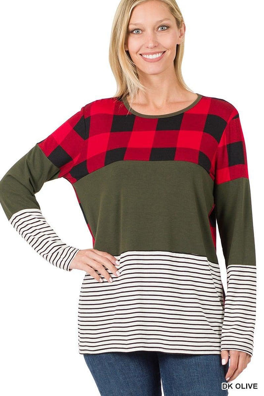 Olive Buffalo Plaid Color Block Top - Strawberry Moon Boutique
