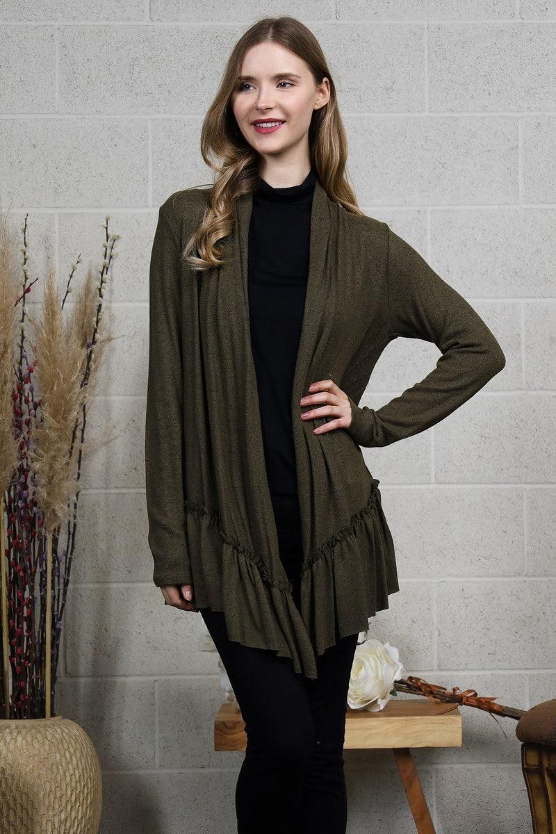 Olive Cardigan with Flounced Hem - Strawberry Moon Boutique