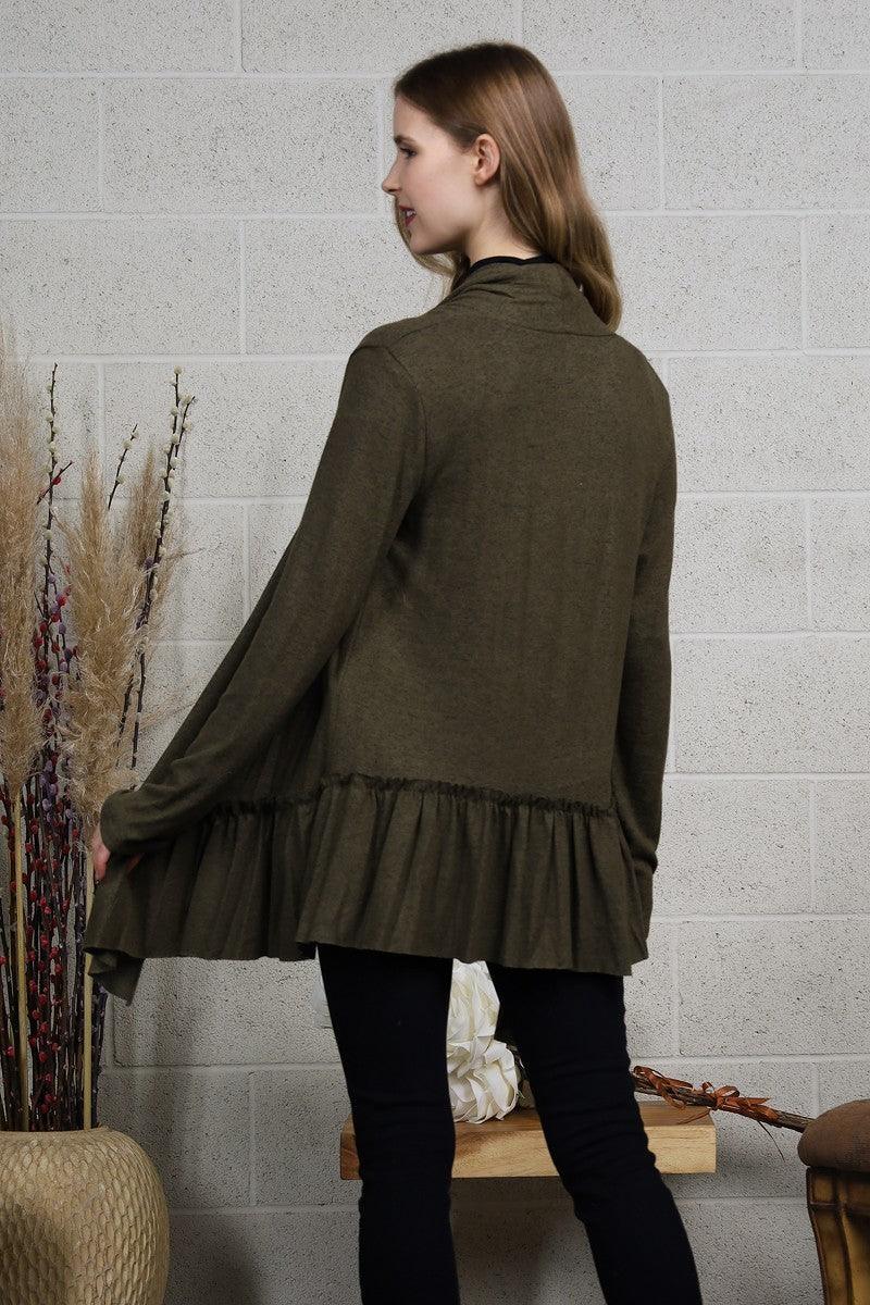 Olive Cardigan with Flounced Hem - Strawberry Moon Boutique