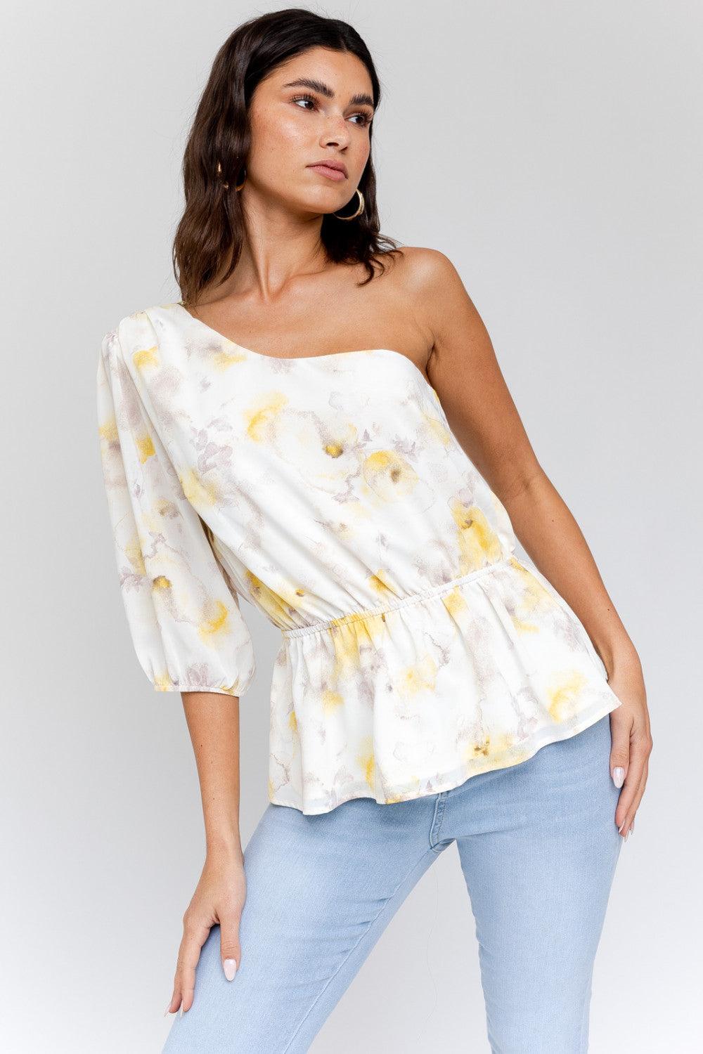One Shoulder Yellow Floral Top - Strawberry Moon Boutique