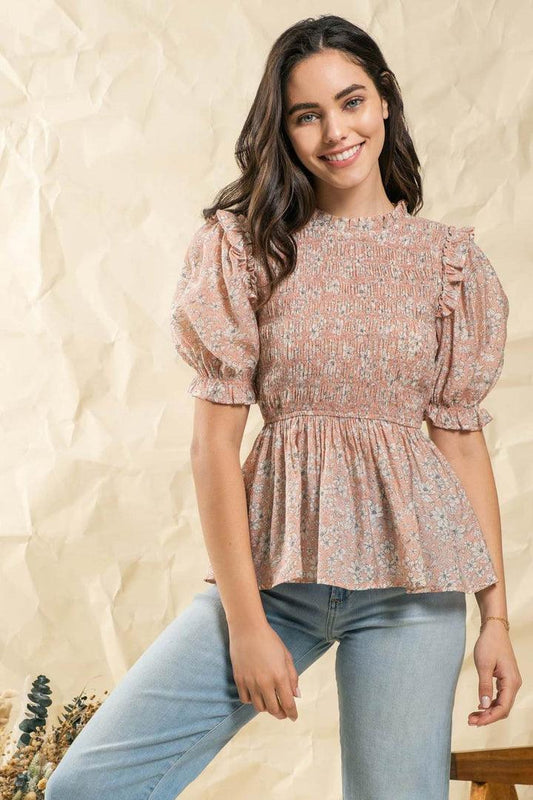 Peach Floral Puff Sleeve Top - Strawberry Moon Boutique
