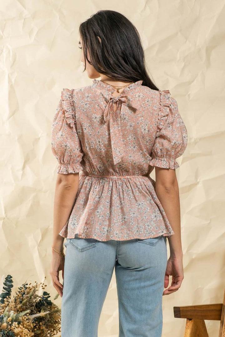 Peach Floral Puff Sleeve Top - Strawberry Moon Boutique