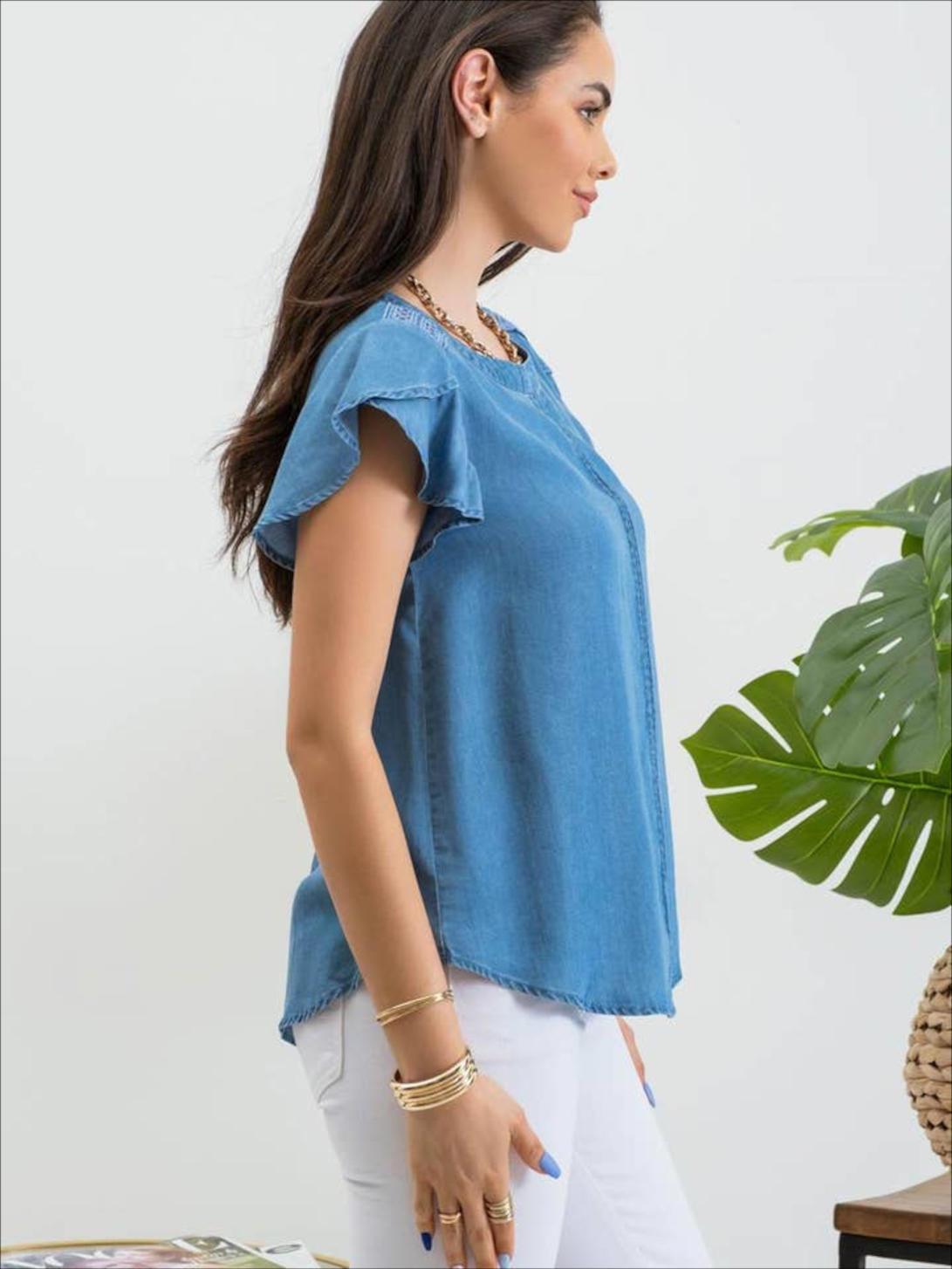 Petal Sleeve Chambray top - Strawberry Moon Boutique