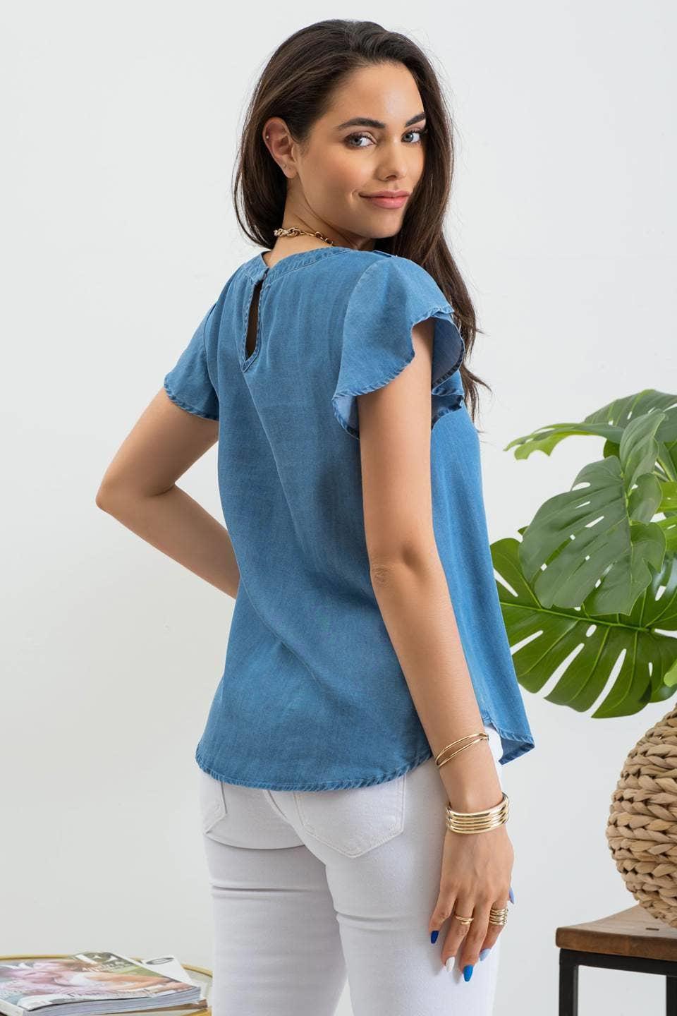 Petal Sleeve Chambray top - Strawberry Moon Boutique