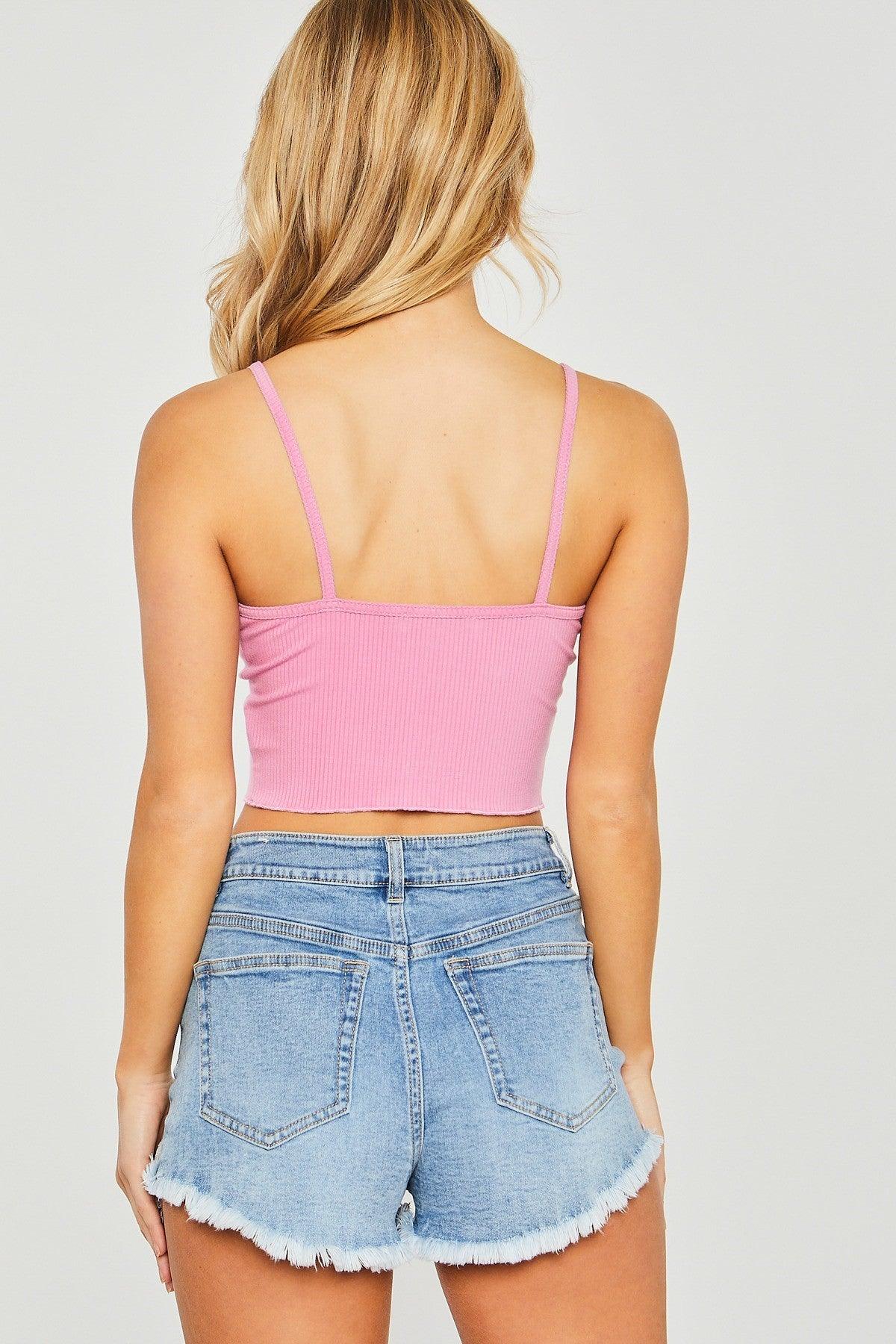 Pink Knit Button Crop Tank - Strawberry Moon Boutique