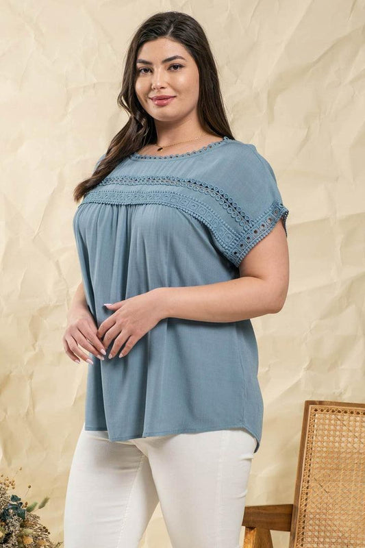 Plus Dusty Blue Lace Trimmed Top - Strawberry Moon Boutique