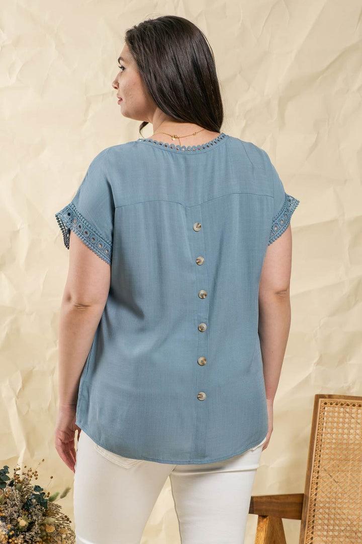 Plus Dusty Blue Lace Trimmed Top - Strawberry Moon Boutique